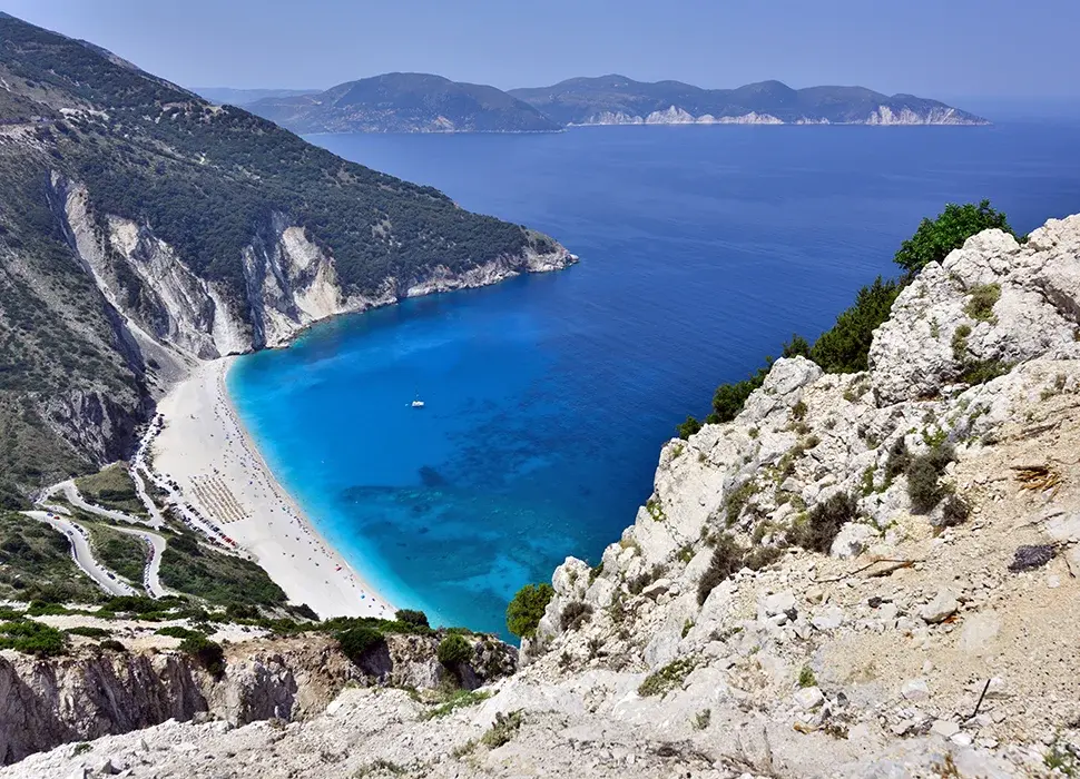 myrtos Breathtaking view of Myrtos Beach in Kefalonia, with Petroutsos Transfers and tours offering comfortable transport services to this iconic destination